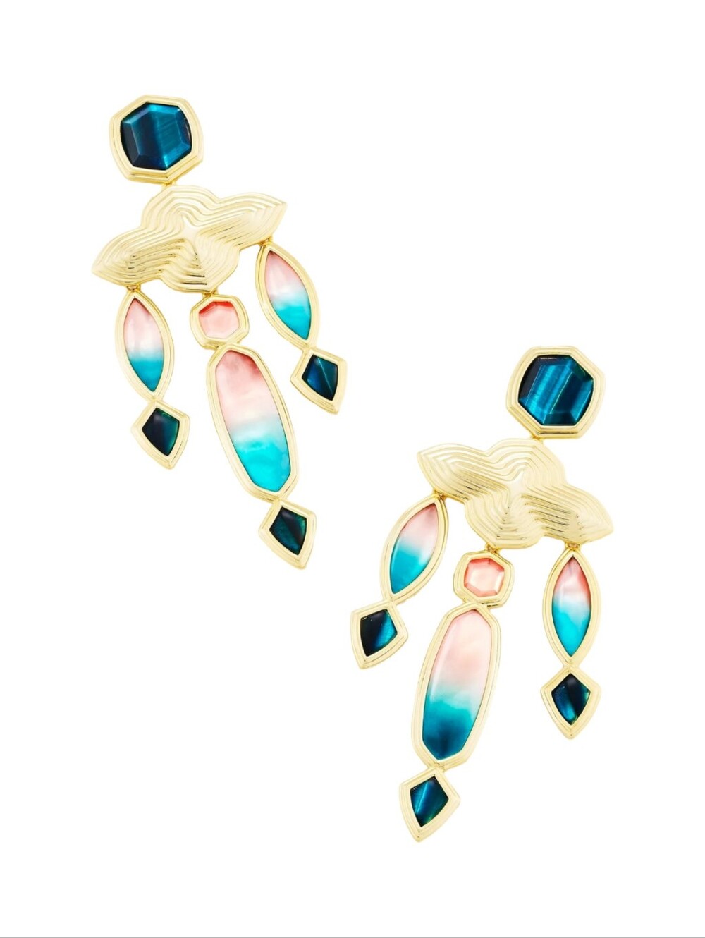 Kendra Scott Monica Statement Earrings Gold Teal Mix Geometric Chandelier NEW - Picture 1 of 8
